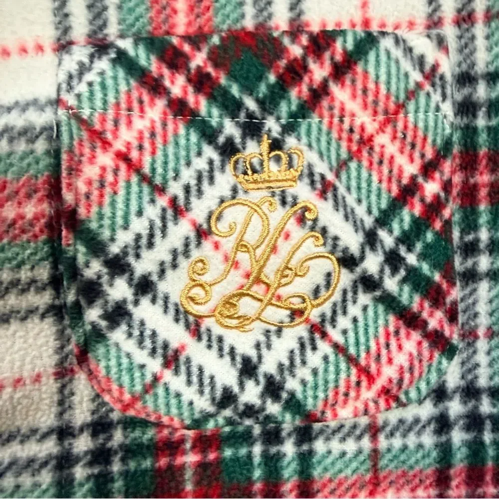 RALPH LAUREN Women’s Plaid Fleece Pajama Set Long Sleeve Green Red White Medium